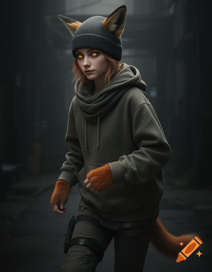 A woman with fox ears and tail, glowing amber eyes, wearing a dark green hoodie and tactical pants in a dimly lit alley.