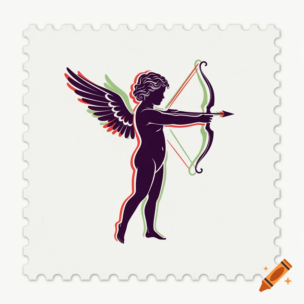 Minimalist vintage postage stamp illustration of a winged cupid with a bow and arrow, rendered in purple silhouette with red and green outlines.