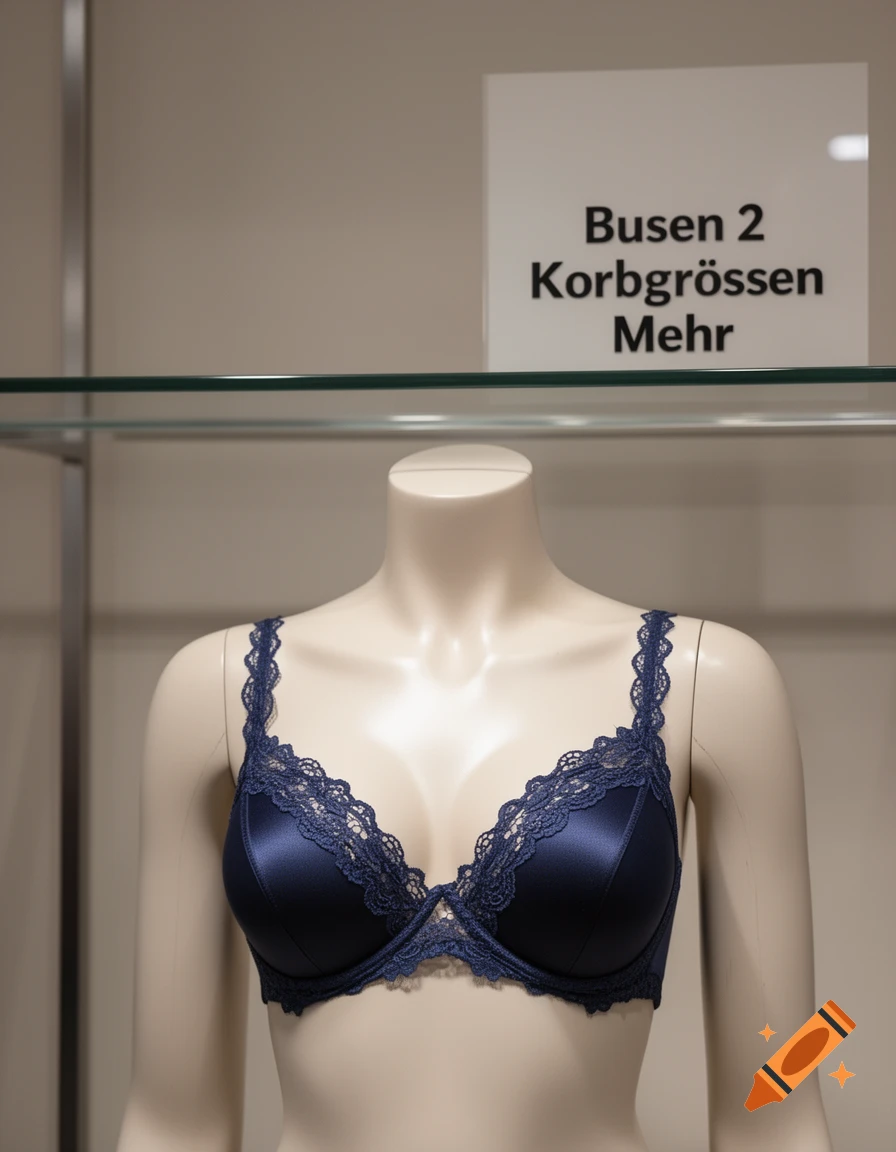 A navy blue satin and lace bra on a mannequin. A sign above reads 'Busen 2 Korbgrössen Mehr'.