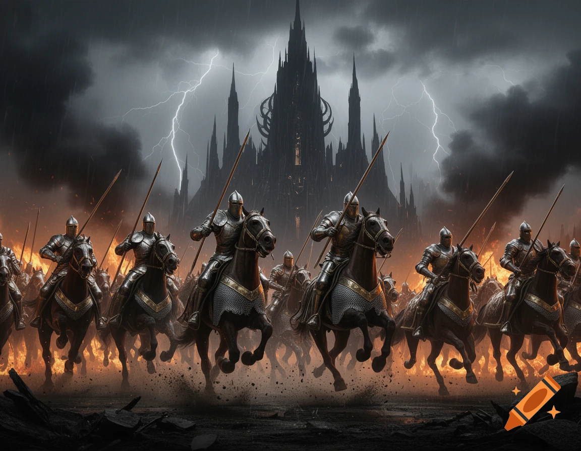 Armored knights on horseback charge forward beneath a stormy, lightning-filled sky with a dark castle and fires in the background.