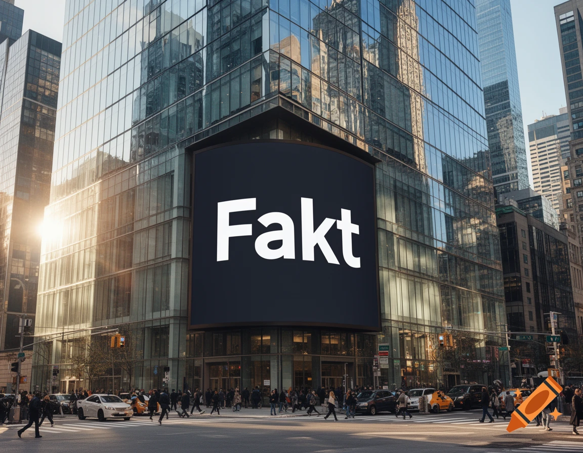 Photorealistic image of a modern glass building with a large digital billboard displaying 'Fakt' at a busy city intersection.