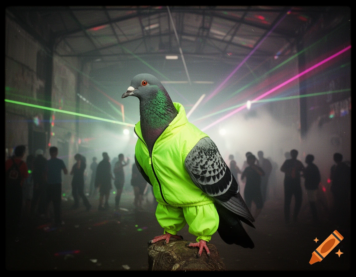 A photorealistic pigeon in a neon green tracksuit stands on a log in a smoky, dark underground rave with laser lights and dancing silhouettes.