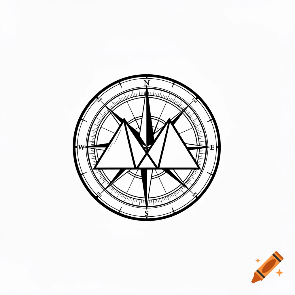 Black and white line art tattoo design featuring a compass with two geometric triangles/pyramids inside.