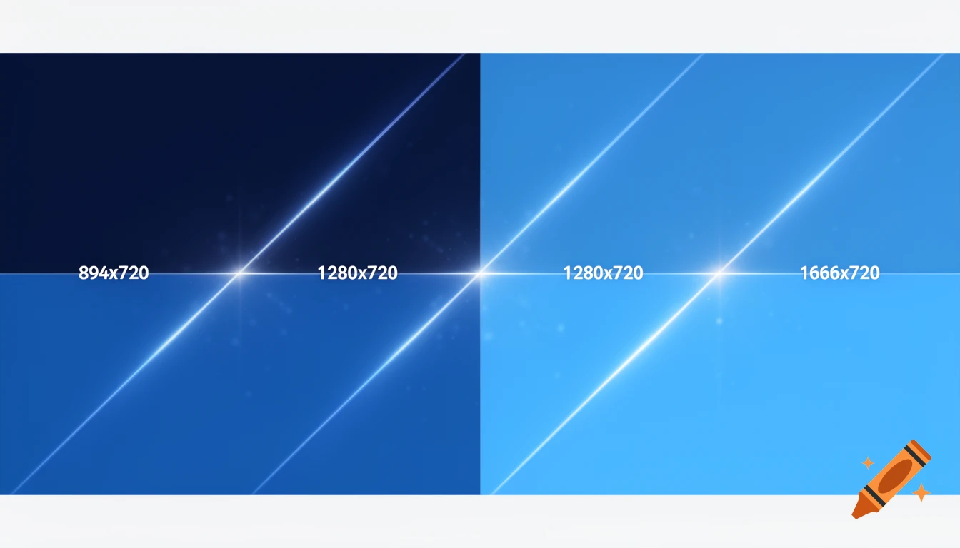 An abstract blue background divided into four sections by glowing diagonal lines, with white text indicating resolutions "894x720", "1280x720", and "1666x720".
