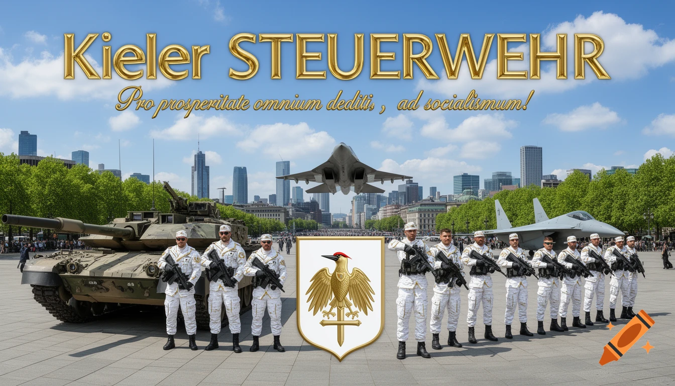 A lineup of soldiers in white uniforms with a tank, two fighter jets, and a shield with a golden eagle-like emblem against a modern city background with text overhead.