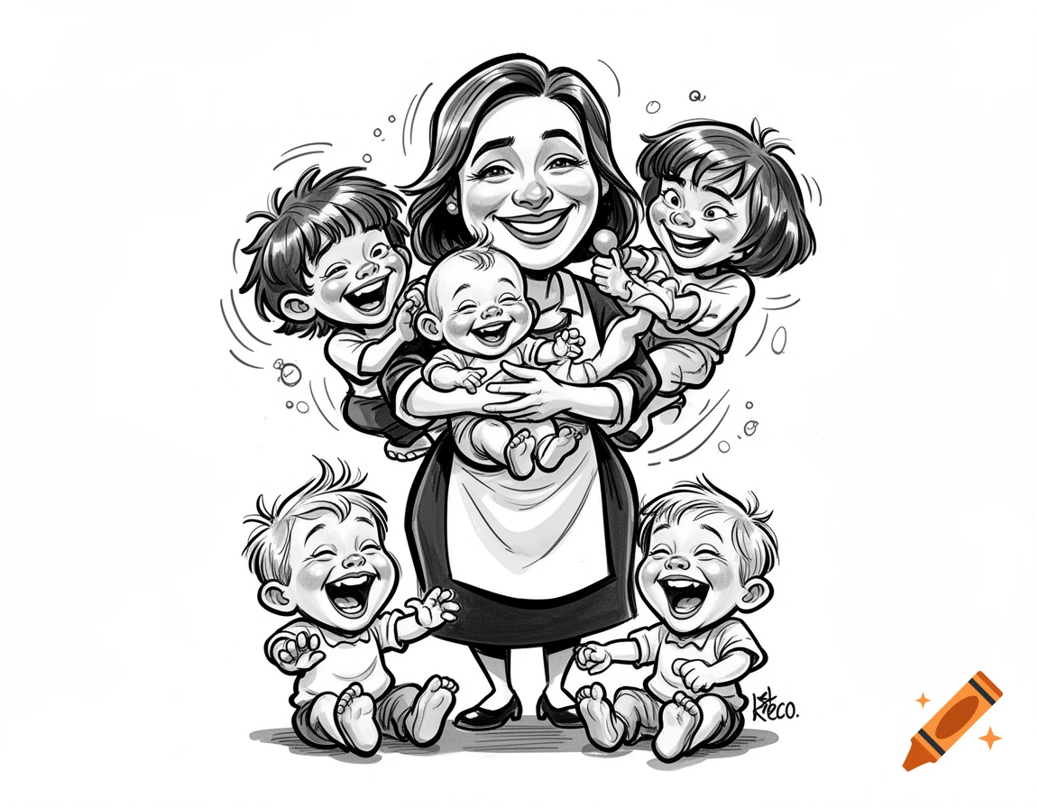 A black and white caricature shows a laughing nanny holding a baby, with two toddlers clinging to her and two more infants sitting and laughing at her feet.