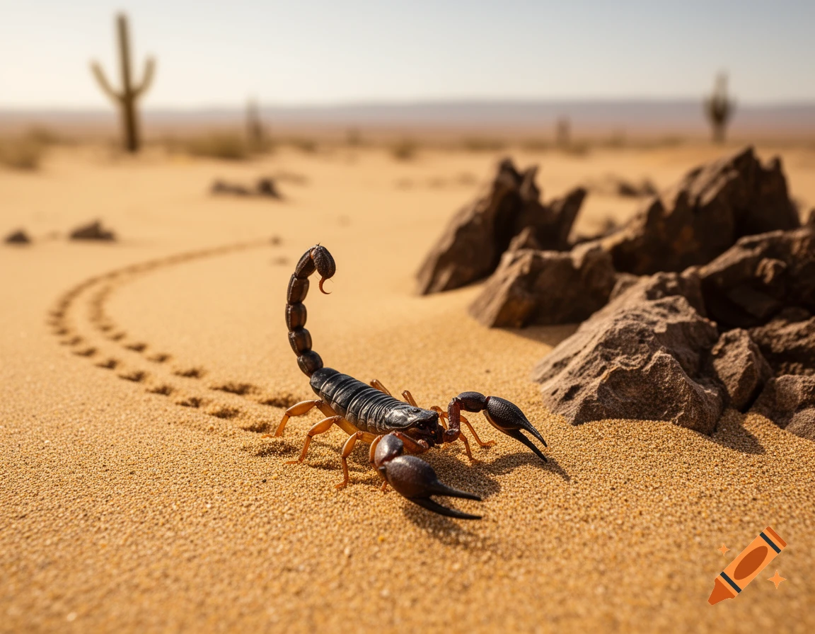 A black and orange scorpion walks on a sandy desert floor, leaving track marks, with rocks and blurred cacti in the background.