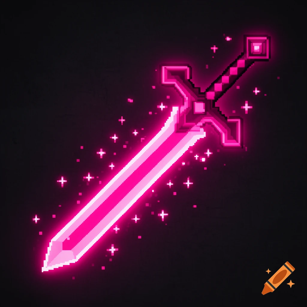 A glowing neon pink pixel art magic sword, surrounded by bright pink sparkles against a dark background.