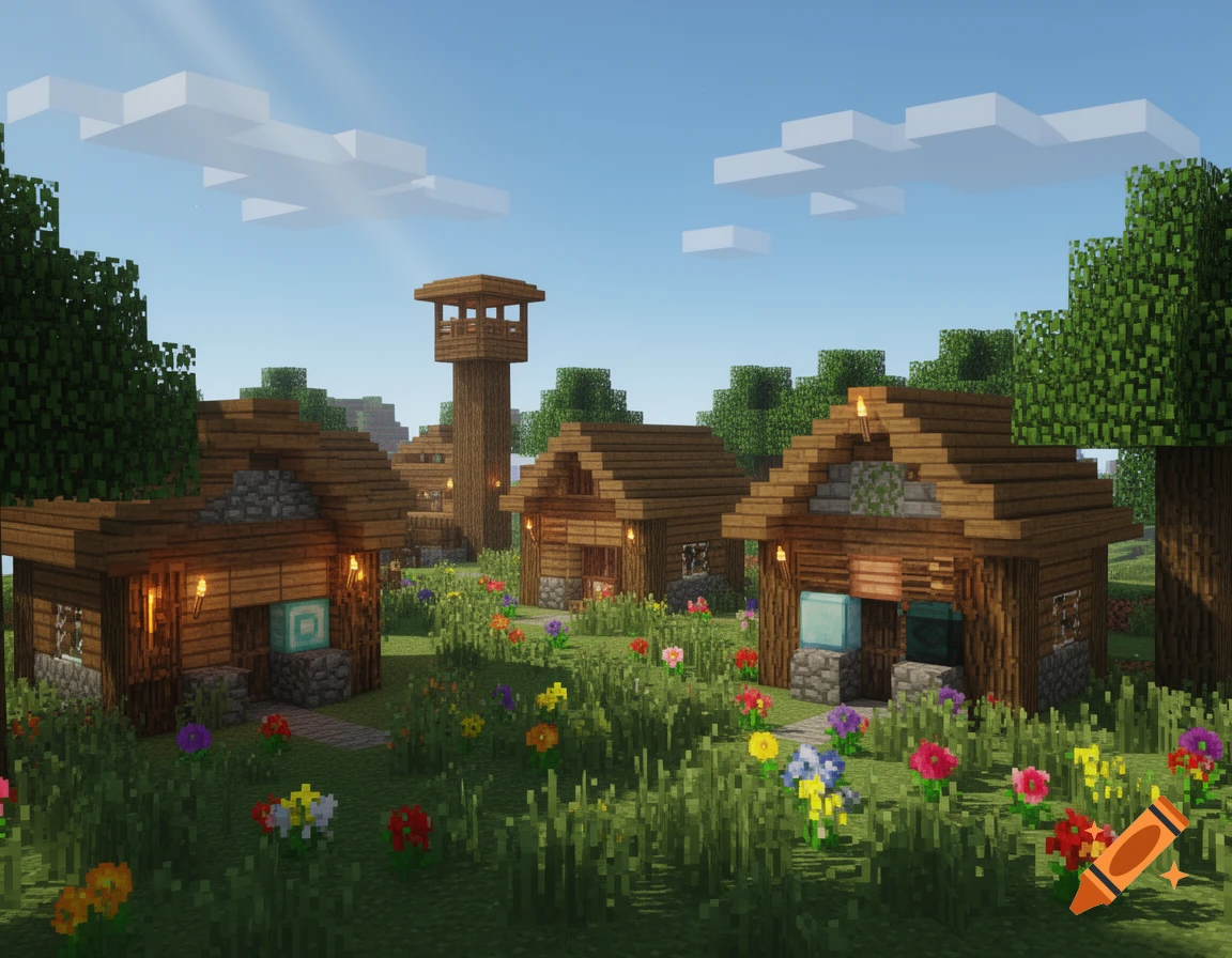 A vibrant Minecraft village with several wooden houses, a tall watchtower, and a field of colorful flowers under a bright blue sky.