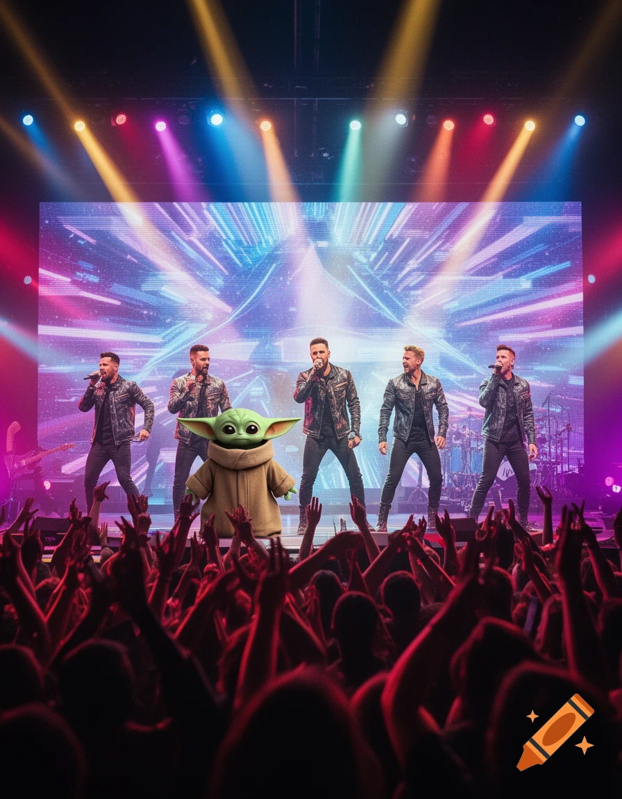 Grogu on stage with a boy band performing in front of a cheering crowd at a brightly lit concert.