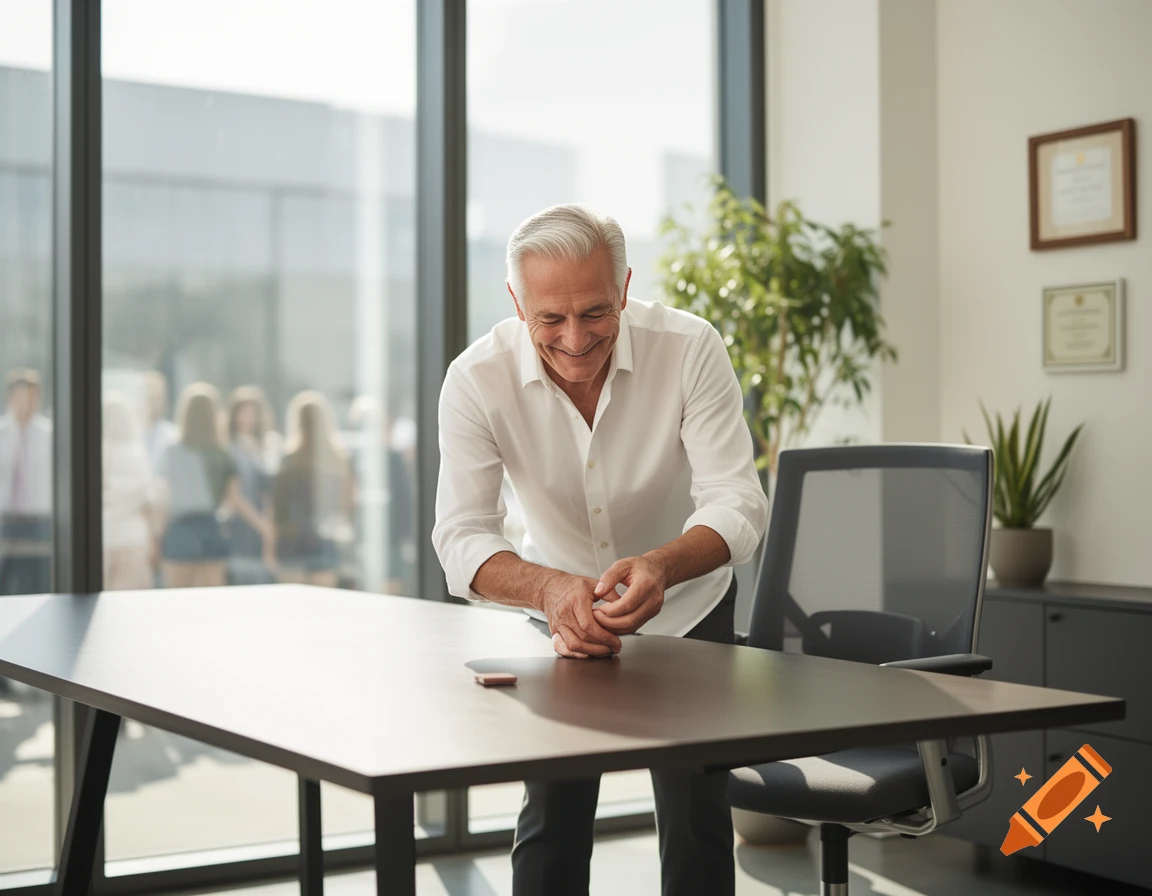 A smiling older man with gray hair leans over a desk in a bright, modern office with large windows. Photorealistic.