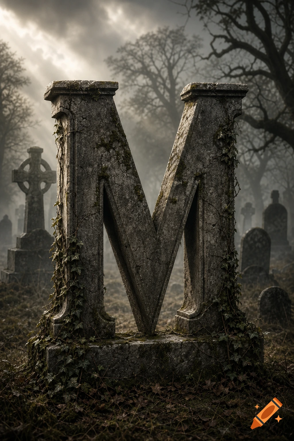 A weathered stone letter M shaped like a tombstone, covered in ivy and moss, stands in a misty graveyard with other headstones and bare trees under dramatic light.
