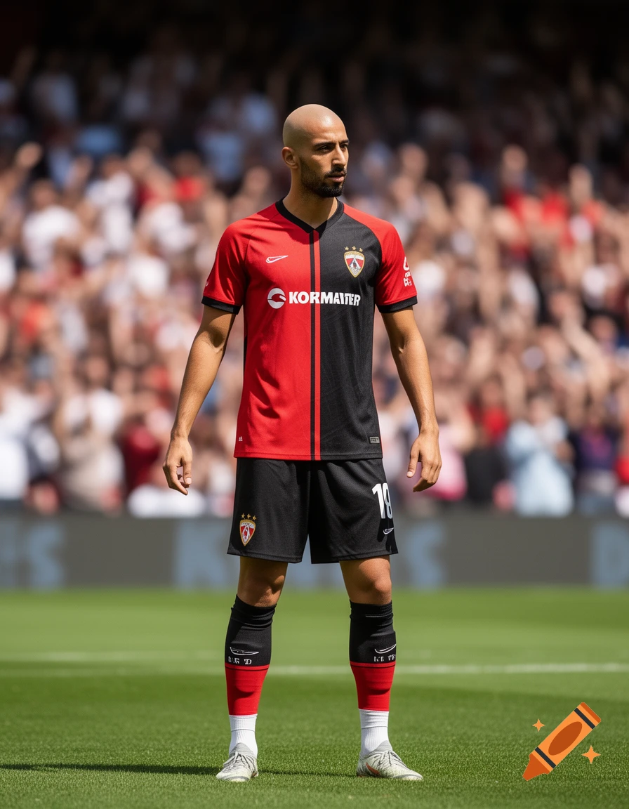 A bald male football player in a red and black uniform stands on a green field in a stadium, looking to the right. Photorealistic.