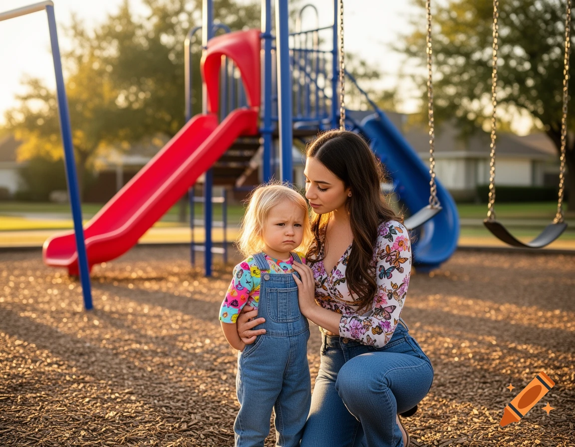 A young woman kneels to comfort a pouty child in overalls at a sunlit playground with slides and swings in the background.