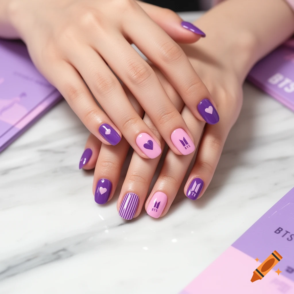 Close-up of hands with purple and pink BTS-themed nail polish featuring hearts and stripes.