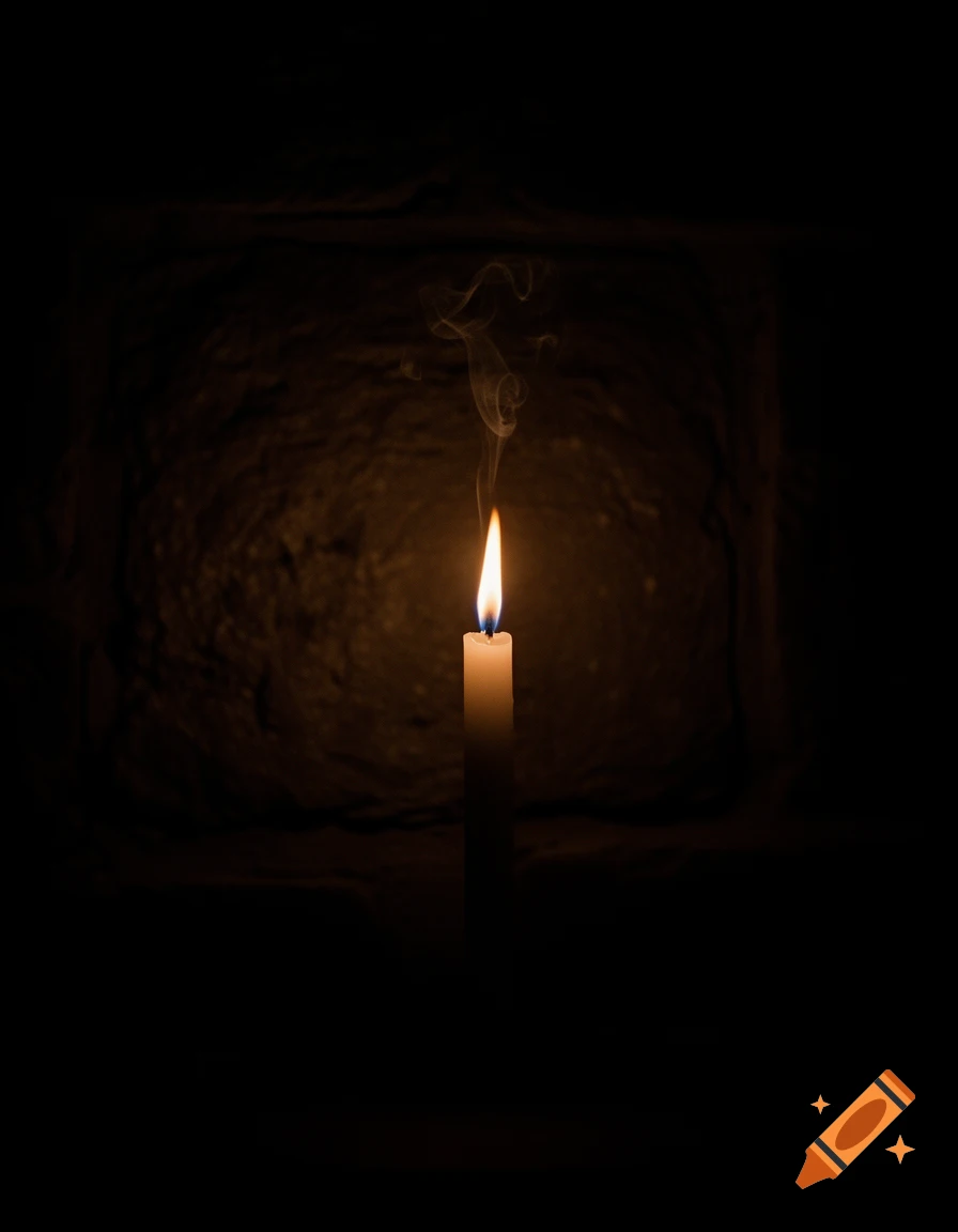 A single lit candle with a glowing flame and a wisp of smoke stands vertically in complete darkness, creating a stark contrast.