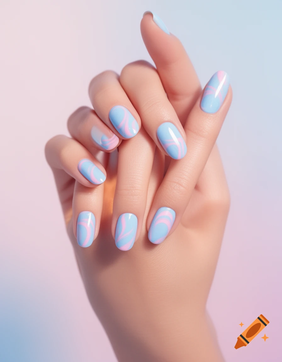 A hand with light blue nails featuring soft pink swirl patterns, set against a pastel pink and blue gradient background.