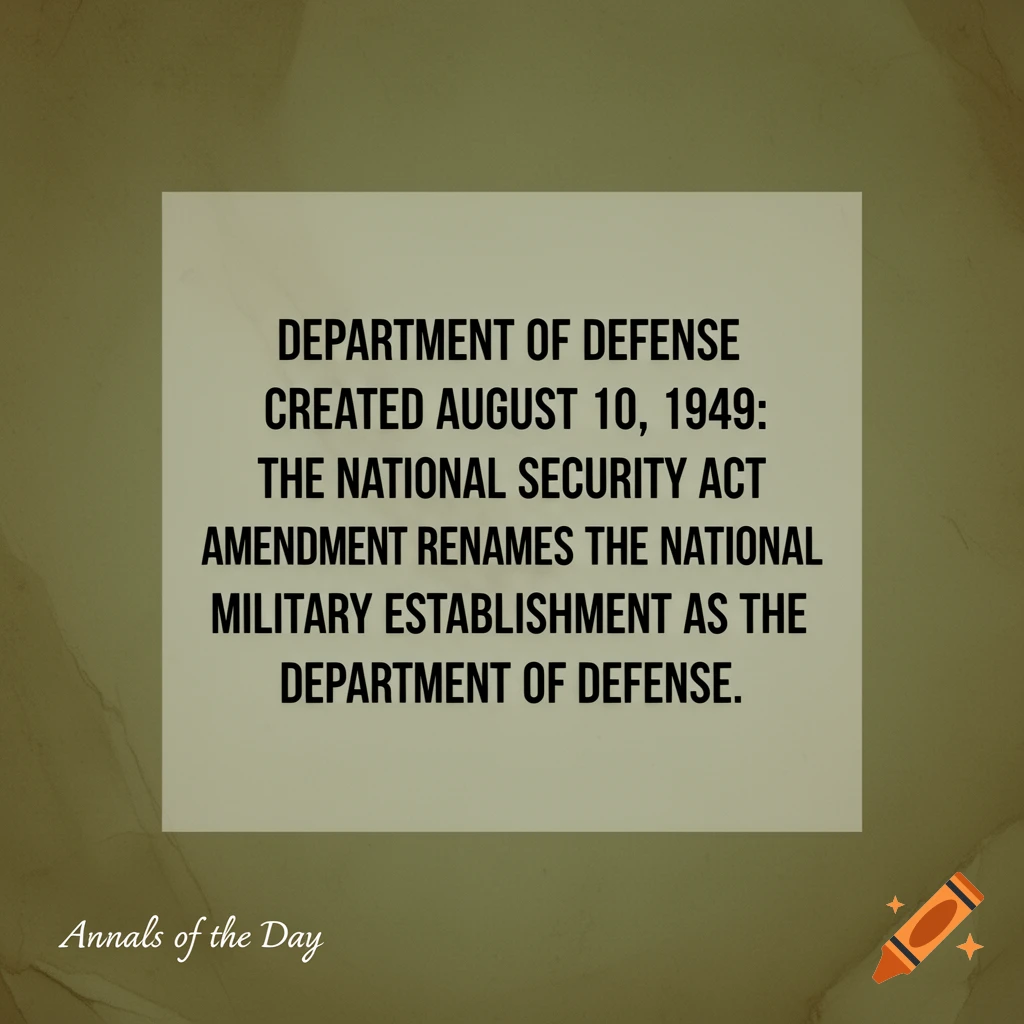 A graphic detailing the creation of the Department of Defense on August 10, 1949, and 'Annals of the Day' in the corner.