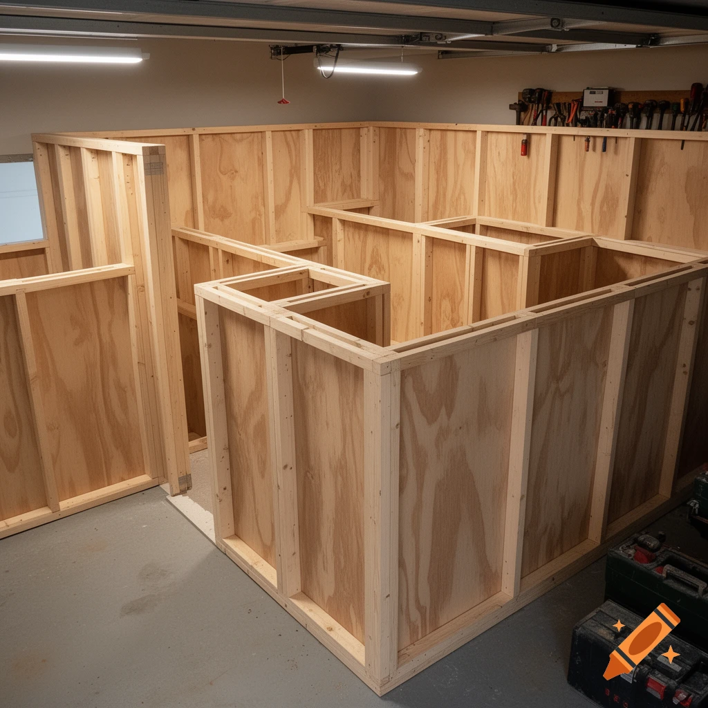 A small maze-like structure built from plywood and 2x4 timber, inside a well-lit garage.
