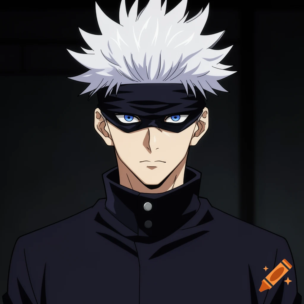 A close-up anime portrait of Gojo Satoru with white spiky hair, blue eyes, and a black blindfold, wearing a dark uniform.