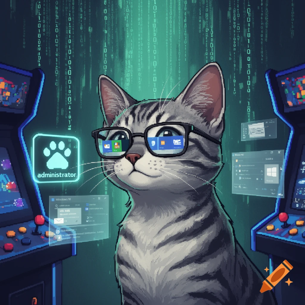 A pixel art grey tabby cat wearing glasses, depicted as a Windows administrator, surrounded by digital screens and arcade machines with a green binary code background.