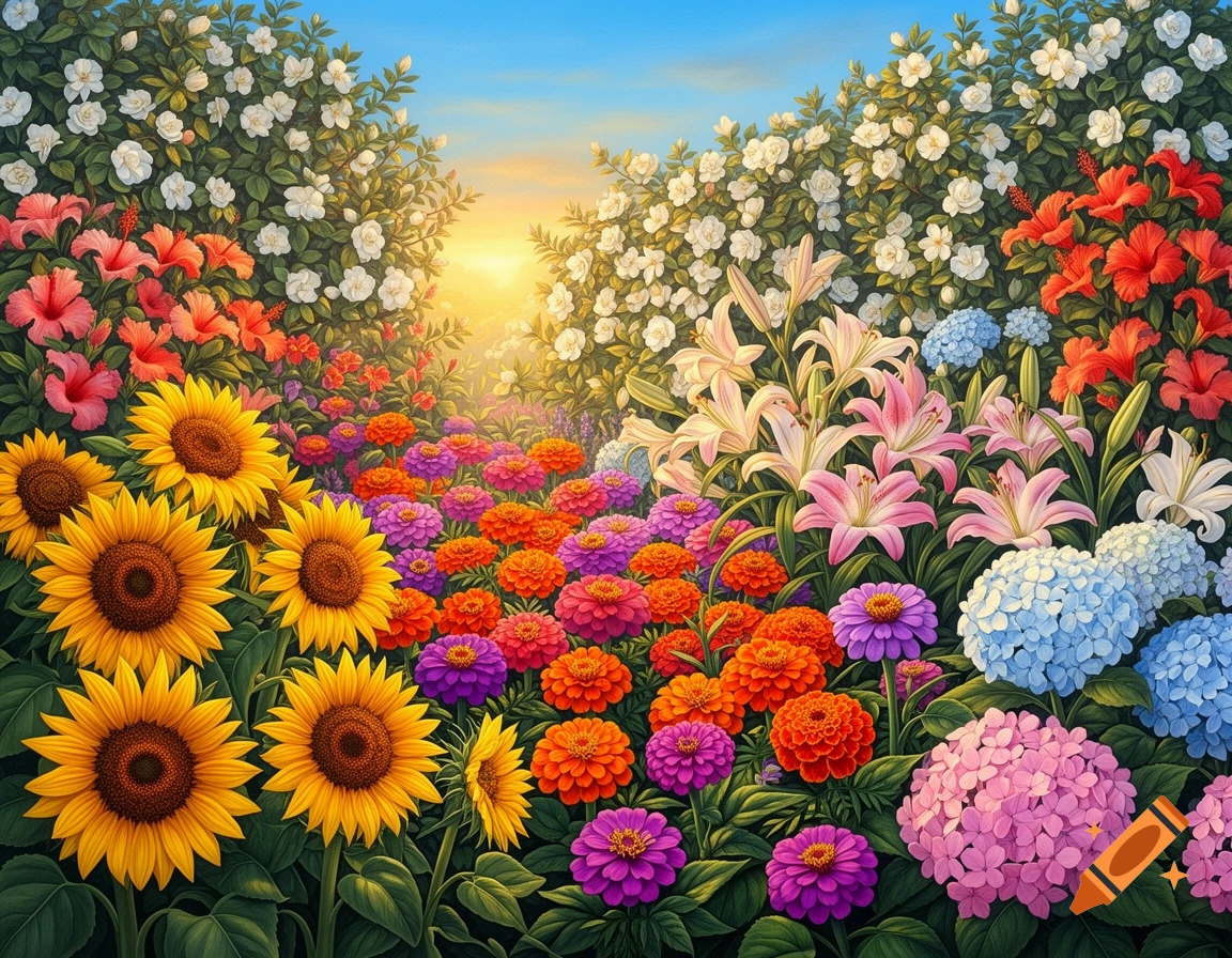 A vibrant garden bursting with colorful sunflowers, lilies, hydrangeas, and other flowers under a bright sunrise.
