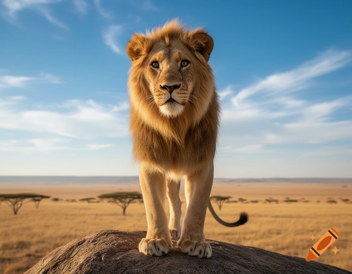 Photorealistic image of a majestic male lion standing on a rock, gazing forward across a golden savanna under a bright blue sky.