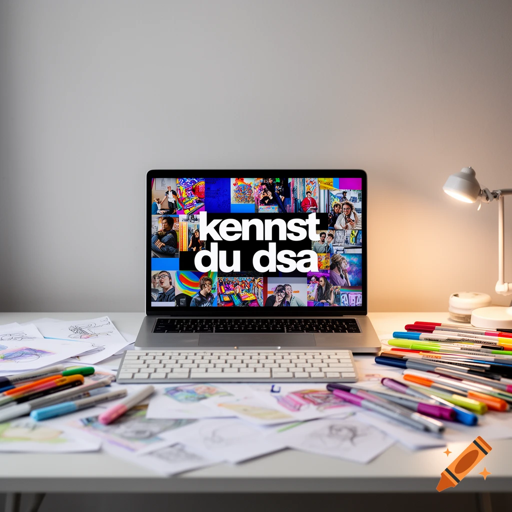 Photorealistic image of a laptop on a desk displaying 'kennst du dsa' and a collage of faces, surrounded by colorful pens, sketches, and a lamp.