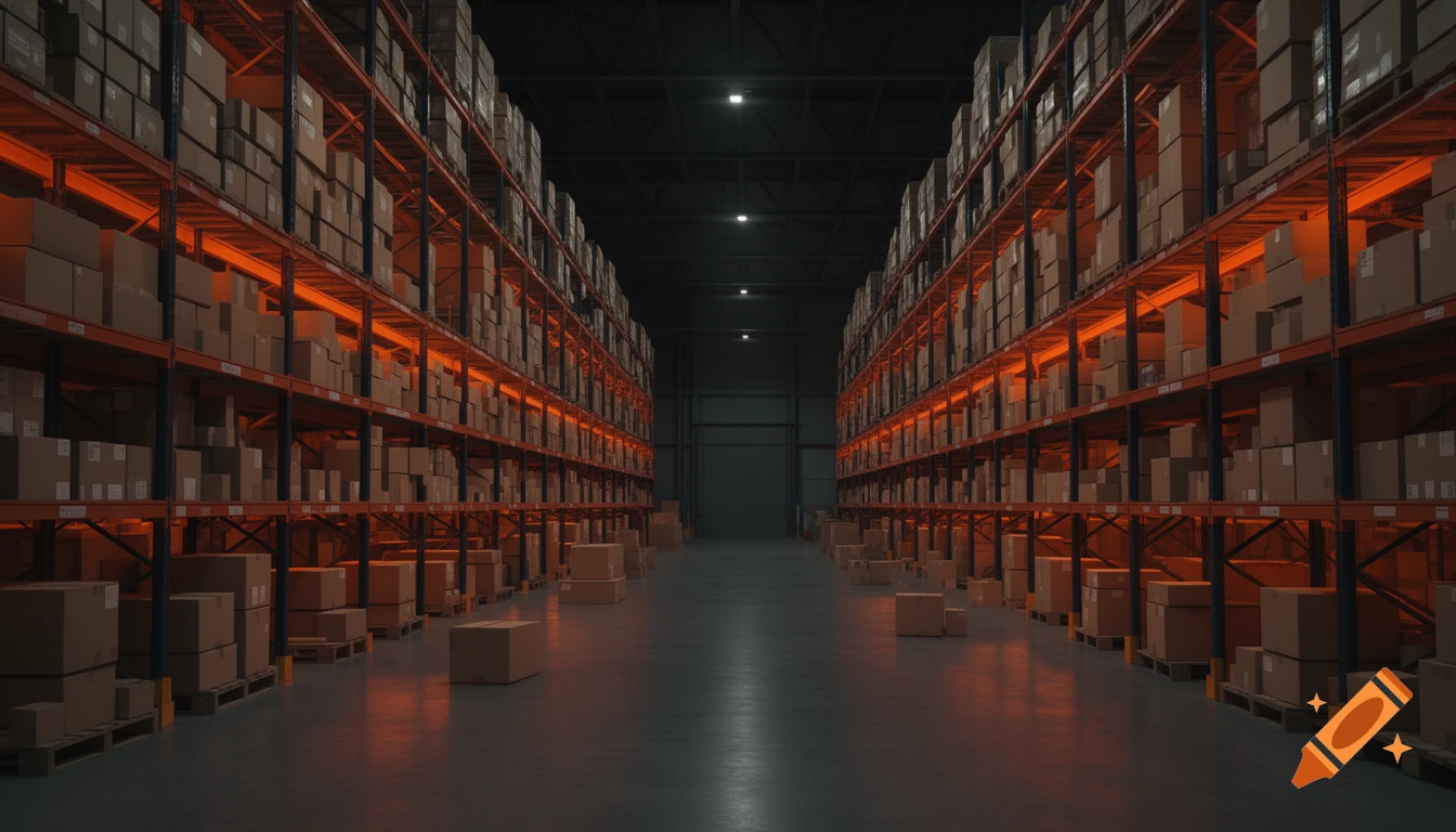 Photorealistic warehouse interior with rows of organized cardboard boxes on shelves, illuminated by warm orange accent lighting.
