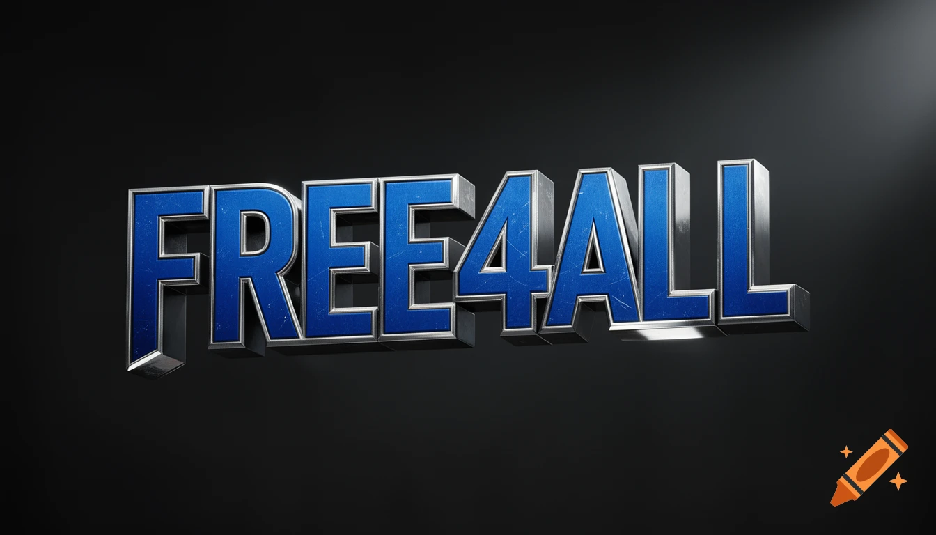 Bold blue and silver 3D text 'FREE4ALL' with scratched metallic edges, dramatic lighting, against a dark background.