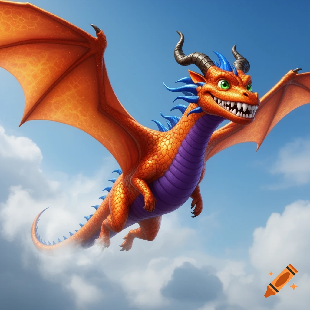 Cartoonish orange dragon with purple belly, blue spikes, horns, green eyes, and sharp teeth flying in a blue sky.