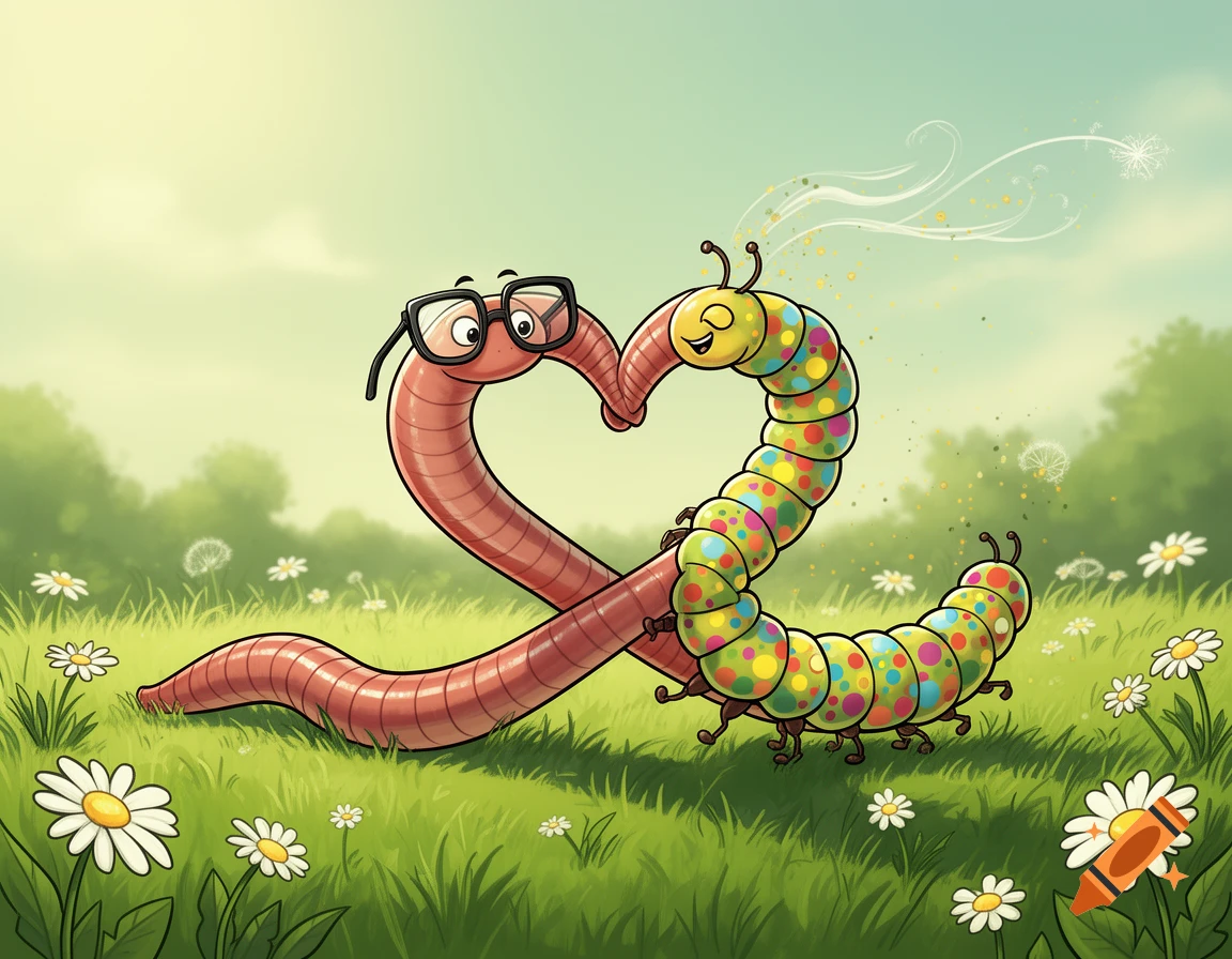 A cartoon worm with glasses and a colorful caterpillar form a heart shape in a grassy field with daisies.