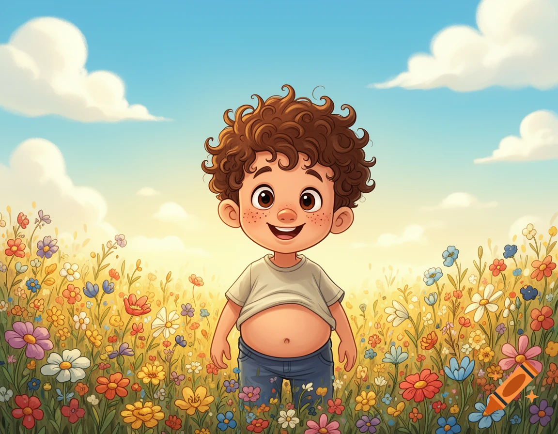 A smiling cartoon boy with curly brown hair, freckles, and a slightly big belly stands in a vibrant flower field under a sunny blue sky.