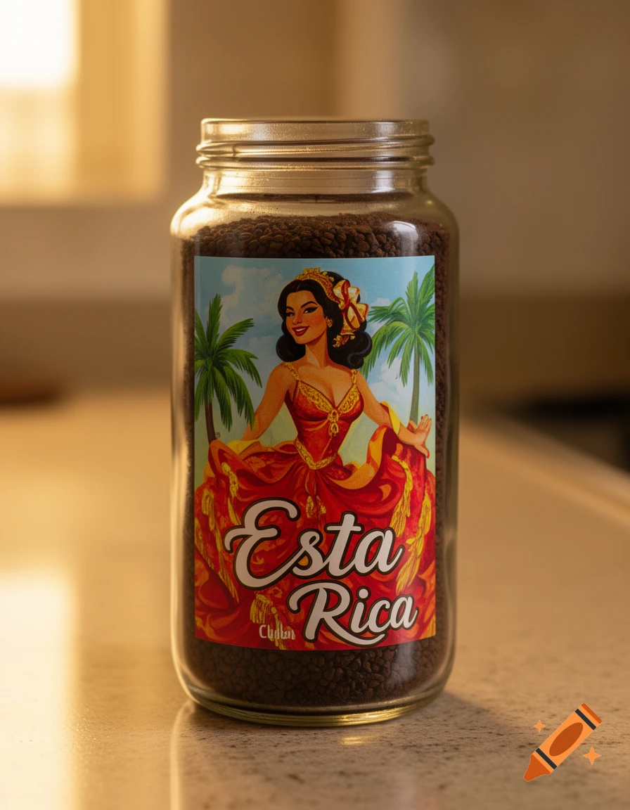 A glass jar filled with instant coffee, featuring a label with a smiling woman in a red dress, palm trees, and 'Esta Rica' text.