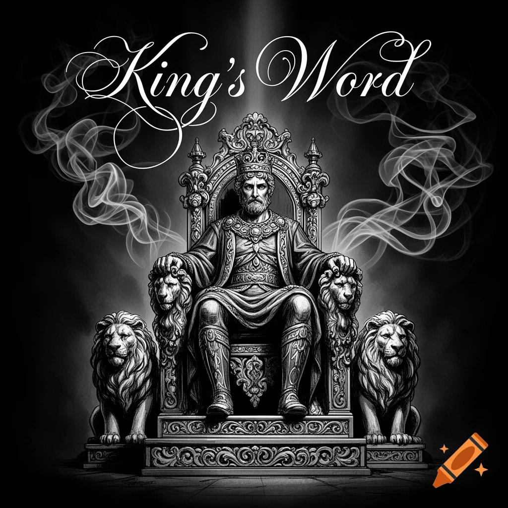 A black and white drawing of a king on an ornate throne flanked by two lions, with "King's Word" text above.