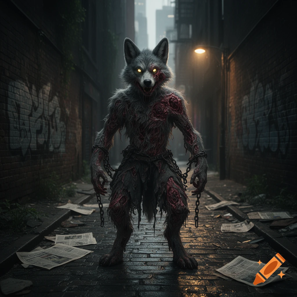 A zombie fursona, a grey-furred creature with exposed red flesh and glowing yellow eyes, stands in a dark, wet alleyway with chains on its arms, surrounded by graffiti and scattered newspapers.