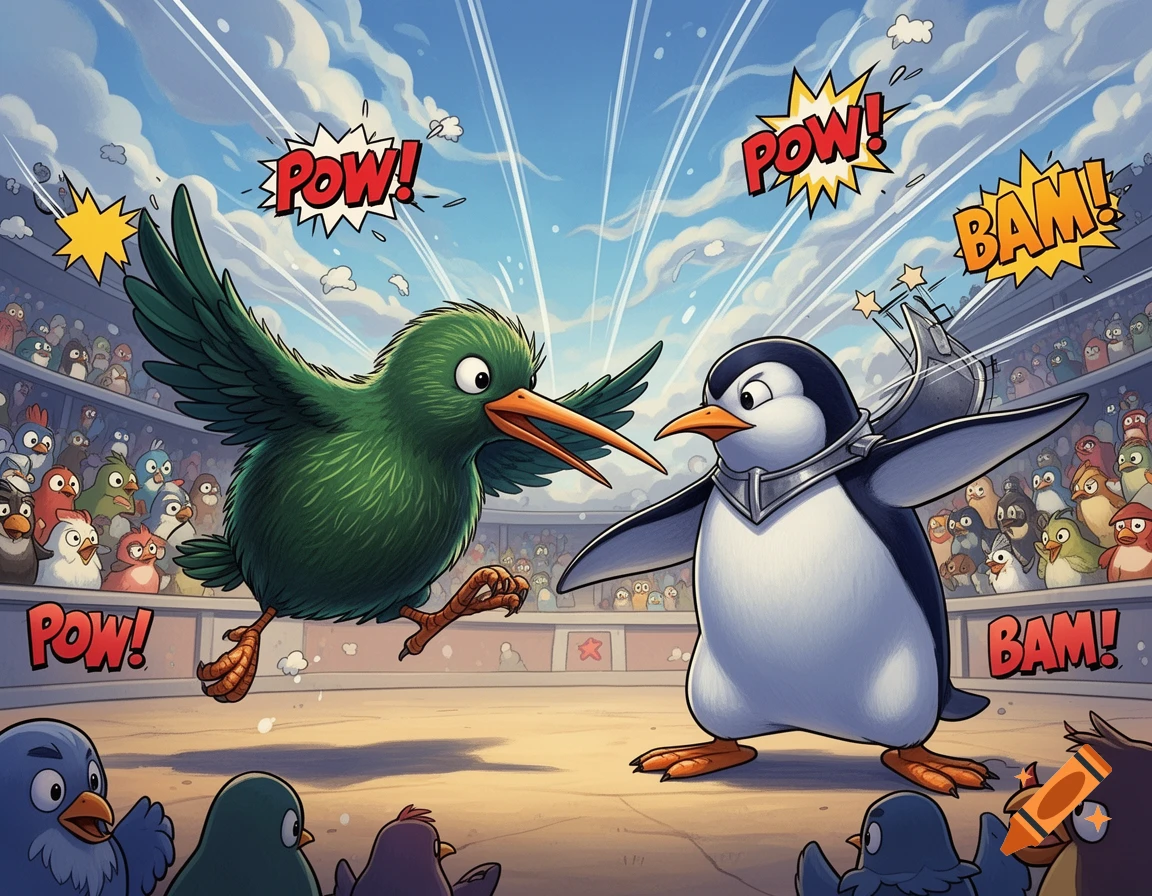 A cartoon kiwi bird and a penguin battle in an arena, with other birds watching and 'POW!' and 'BAM!' sound effects.