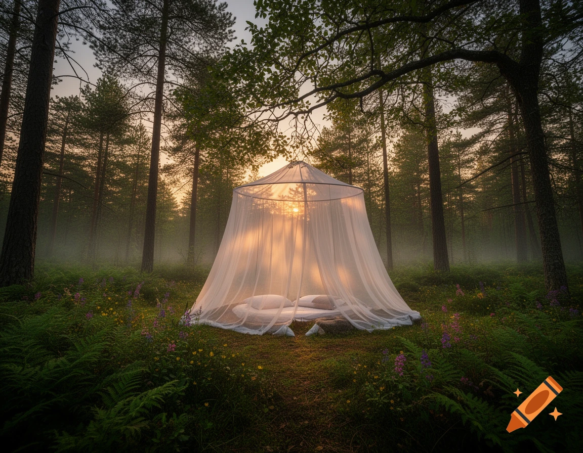 A photorealistic image of an enchanted forest with a mosquito net tent and a bed, illuminated by the setting sun.