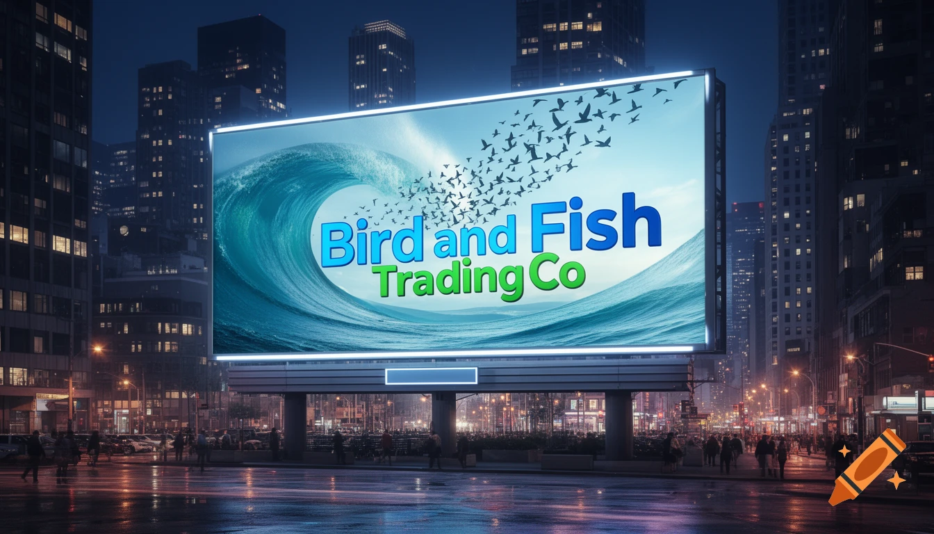Photorealistic image of a large glowing billboard with 'Bird and Fish Trading Co' logo featuring a wave and birds, in a city at night.