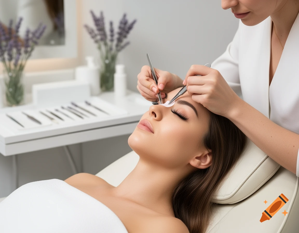 A beautician carefully applies individual eyelash extensions to a client's eye in a professional salon setting.