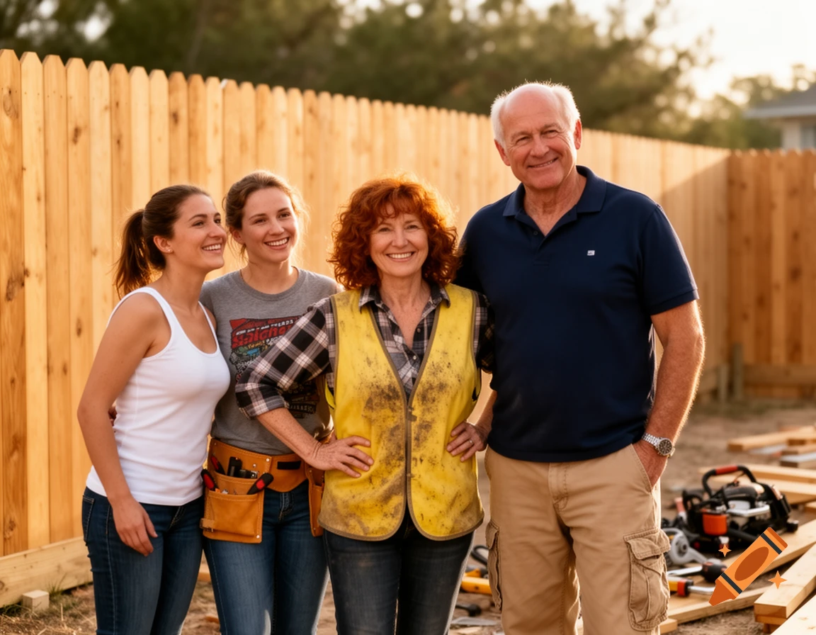 A smiling group of two women, one older woman, and an older man pose in front of a newly built wooden fence at a construction site.