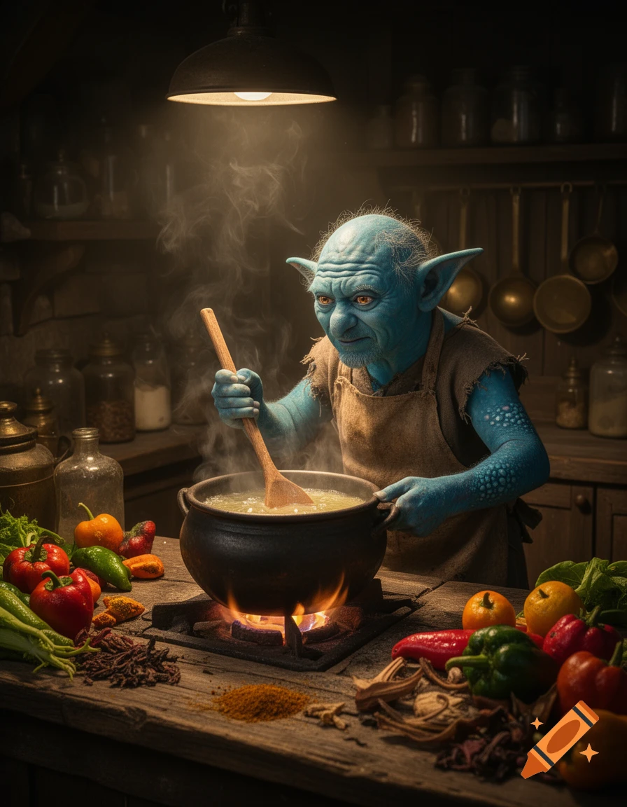 A blue-skinned goblin stirs a bubbling pot over a fire in a rustic kitchen, surrounded by fresh vegetables and spices.