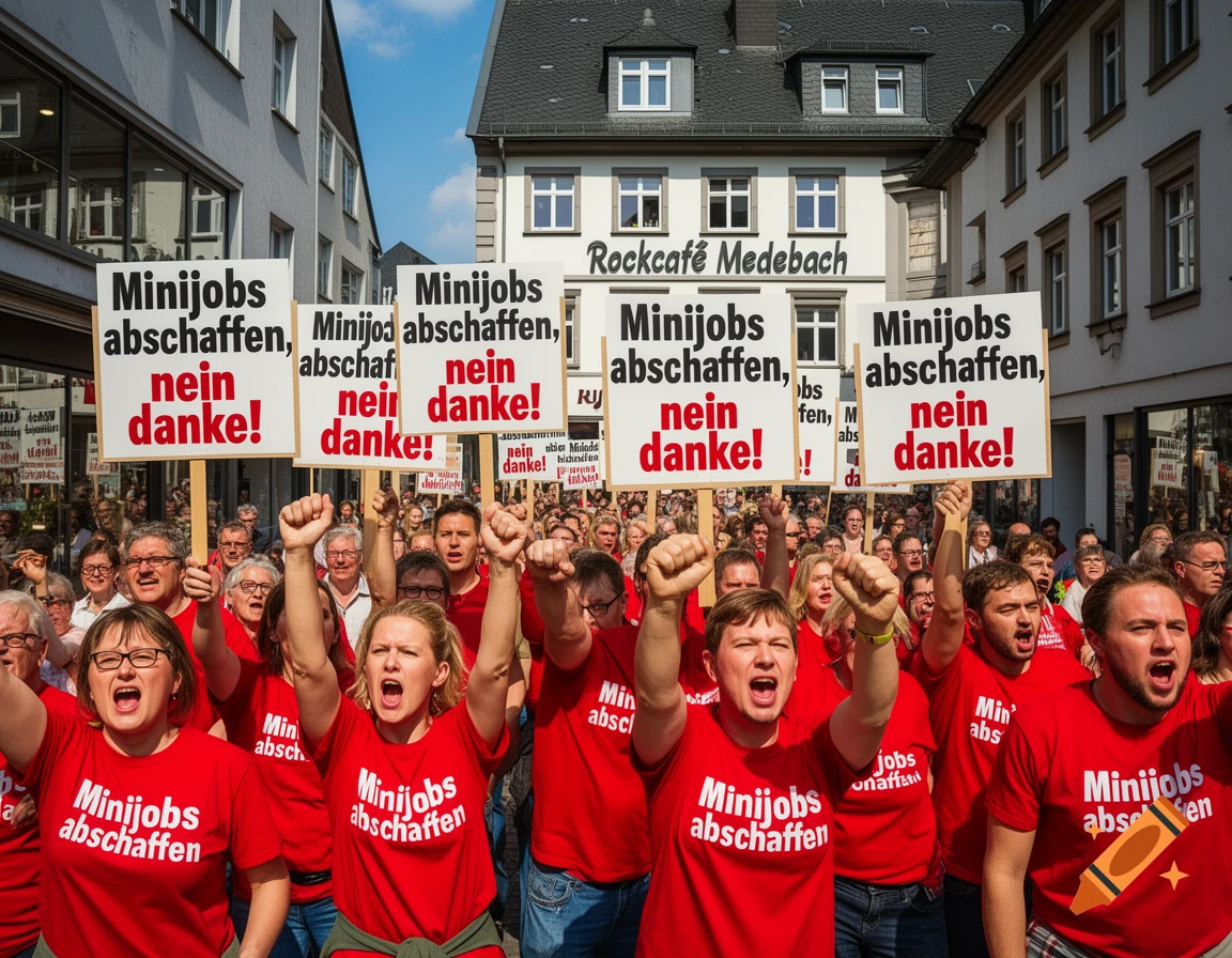 A large crowd of people in red t-shirts with raised fists protest, holding signs that read "Minijobs abschaffen, nein danke!"