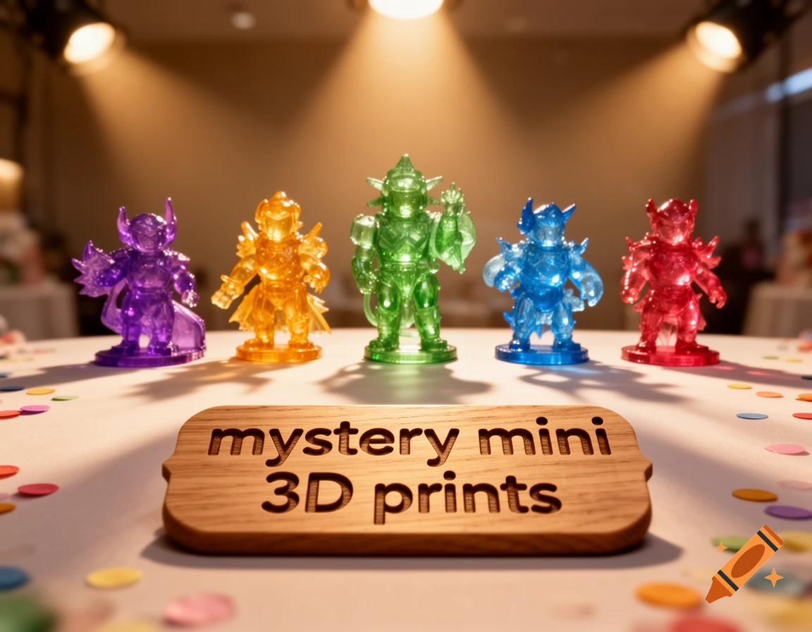 Five translucent colorful monster figurines stand on a white table next to a wooden sign that reads 'mystery mini 3D prints'.