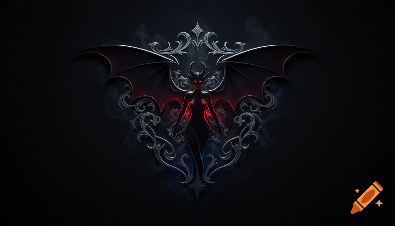 A silhouetted succubus figure with red glowing details and large bat wings, centered in an ornate silver frame on a dark background.