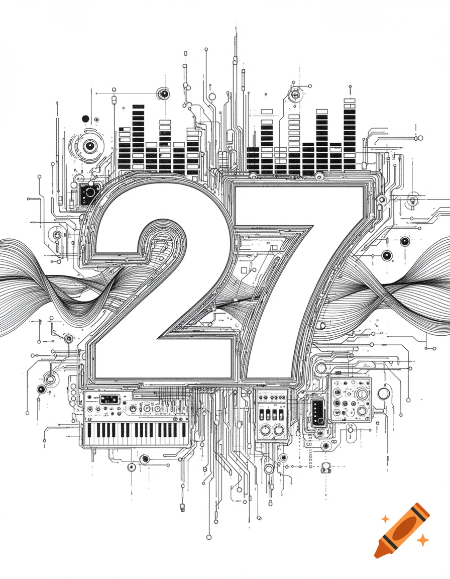 A detailed black and white line art illustration forming the number '27' with electronic circuits, equalizer bars, soundwaves, and synthesizer elements surrounding it.