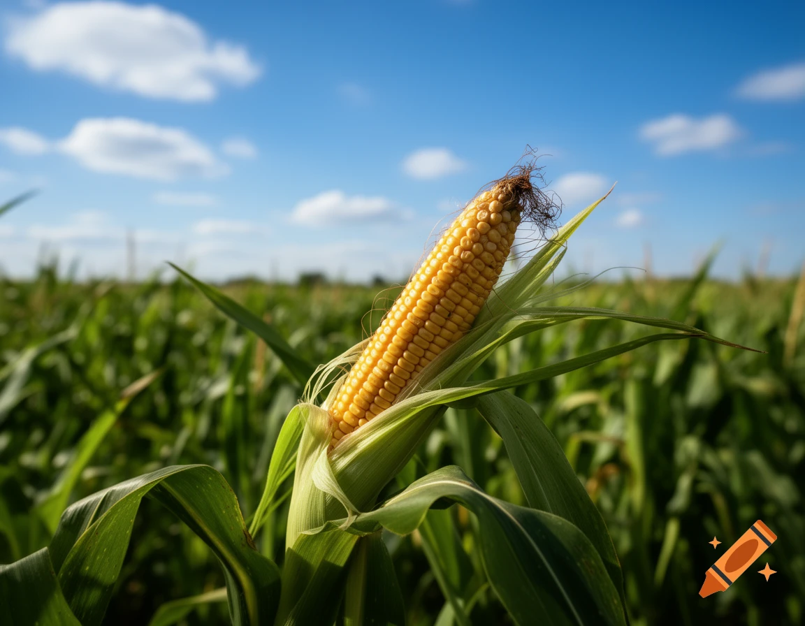 A close-up of a ripe ear of corn on the stalk in a sunny green field under a blue sky.