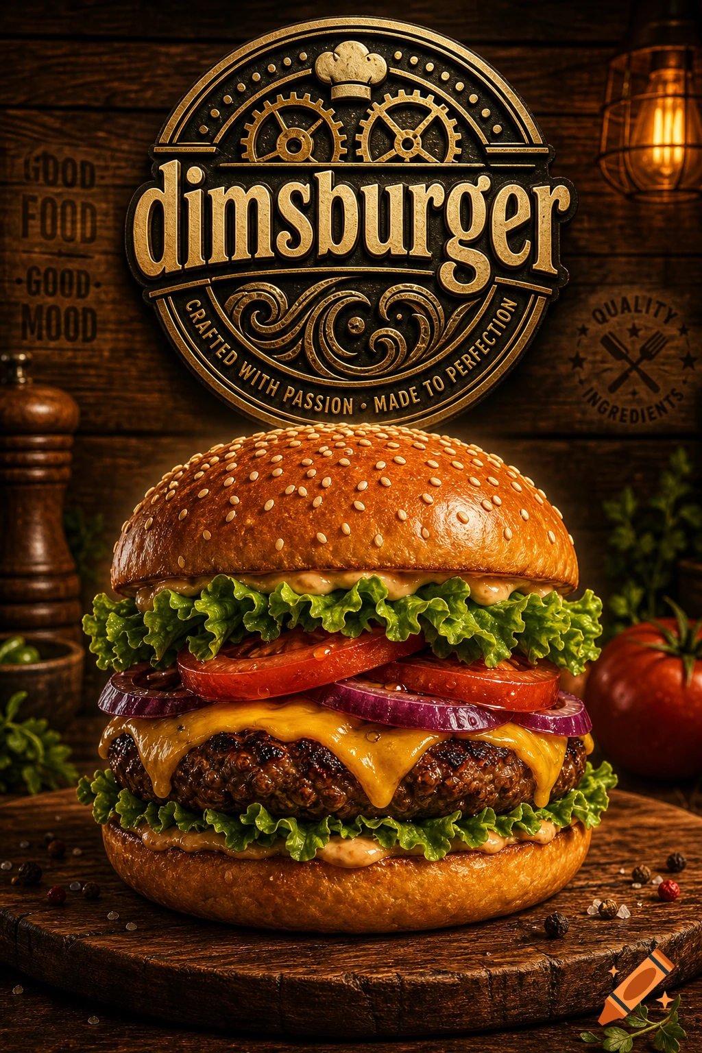 Photorealistic hamburger on a wooden board with melted cheese, fresh vegetables, and a 'dimsburger' logo on a rustic wooden background.