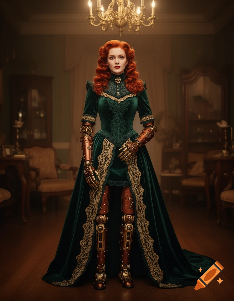 A red-haired woman in an ornate green velvet gown with gold lace and steampunk prosthetic limbs stands in a lavish room.