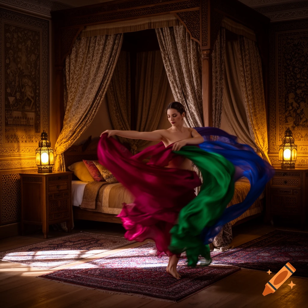 A woman dances with flowing magenta, green, and blue fabrics in a lavish 19th-century Arabian-style bedroom with a canopy bed.